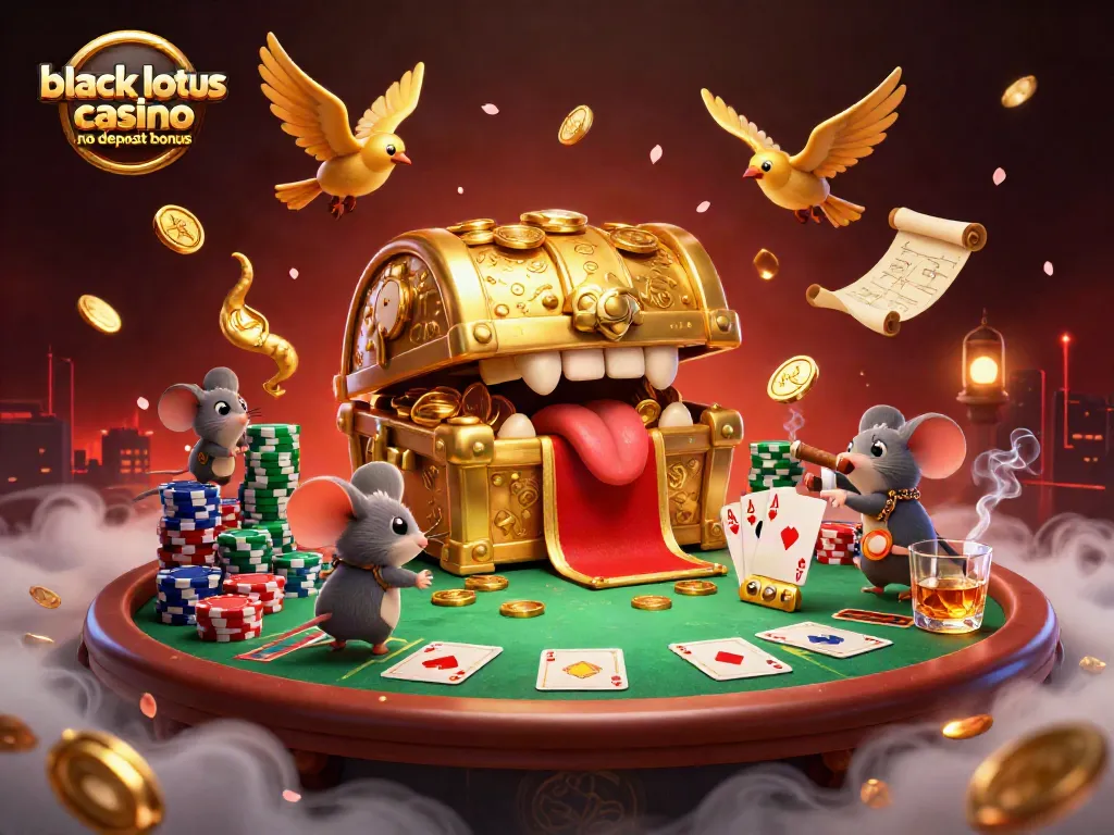 Engage with the black lotus casino no deposit bonus featuring vibrant visuals like poker chips and golden treasures.