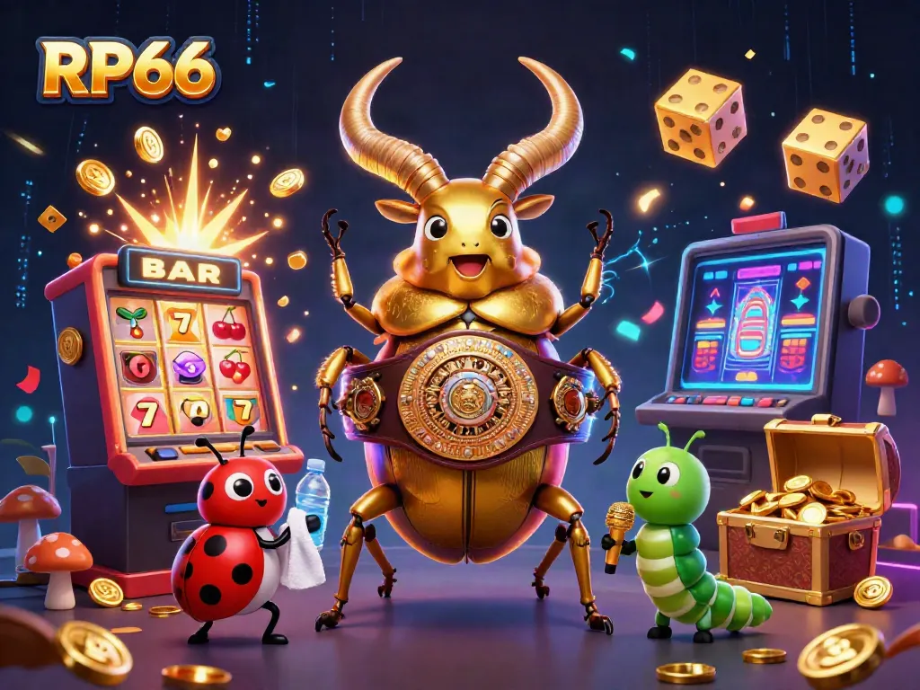 Experience the excitement of RP66 with a dynamic casino-themed illustration featuring colorful slot elements and characters.