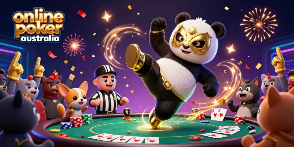 Experience the excitement of online poker Australia with animated characters in a vibrant casino scene.