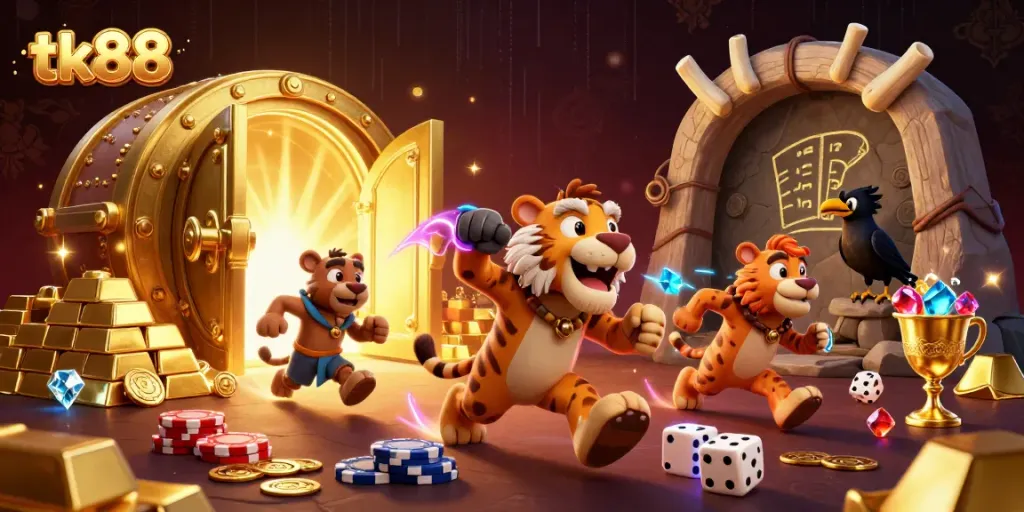 Experience exciting gameplay at tk88 with a vibrant 3D casino scene featuring unique characters and glamorous treasures.