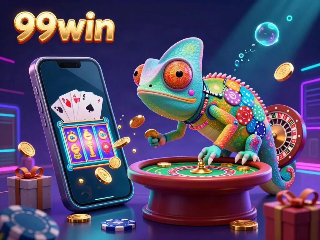 Experience thrilling gameplay with 99win, featuring a chameleon casino owner capturing golden coins amidst vibrant games.