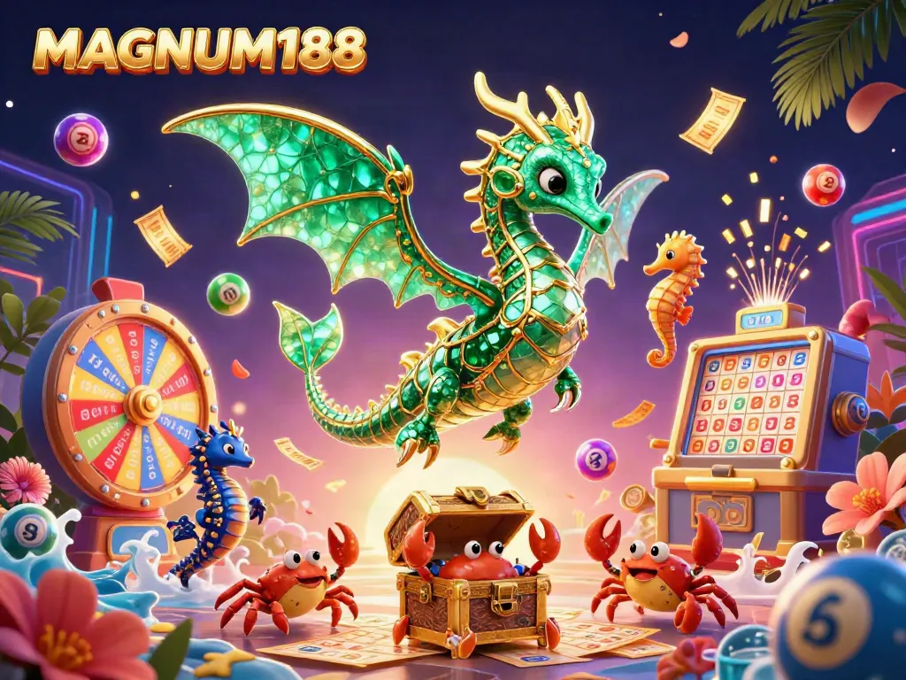 Spin the reels with MAGNUM188's vibrant gemstones and lottery elements in a captivating scene.