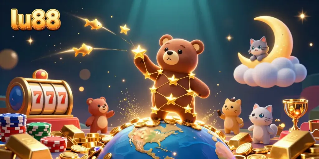 Experience the thrill of lu88 with slot reels and golden treasure in this vibrant 3D illustration.
