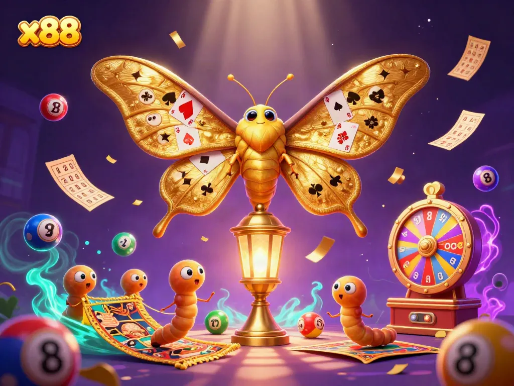 Experience the excitement at x88 with vibrant lottery balls and a majestic golden moth in a dazzling casino scene.