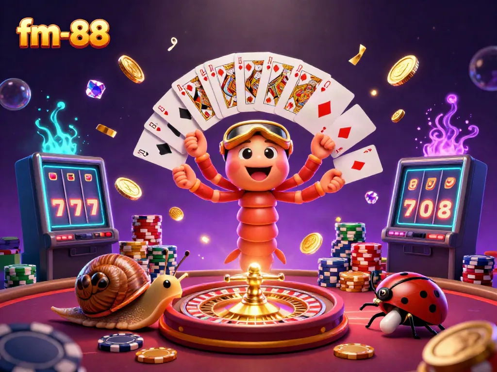 Experience the excitement of fm-88 casino with a dynamic 3D scene featuring a whimsical dealer and vibrant gaming elements.
