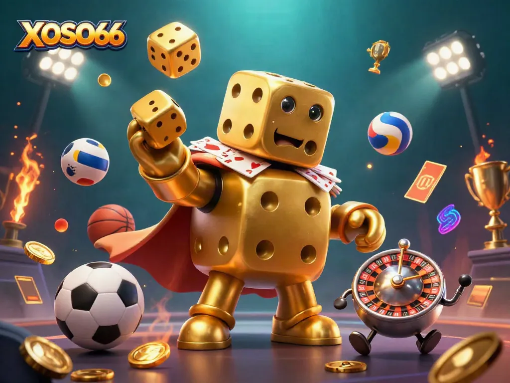 XOSO66 introduces dynamic gaming excitement with golden dice golem, sports balls in action.