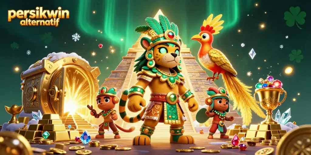 Permainan slot yang seru di persikwin alternatif dengan harta karun emas dan karakter unik.