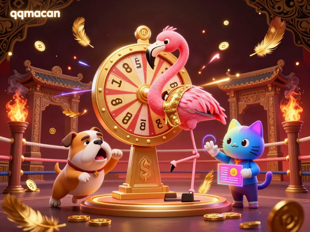 Experience thrilling moments with QQMacan as a flamingo spins the prize wheel alongside exciting contestants.
