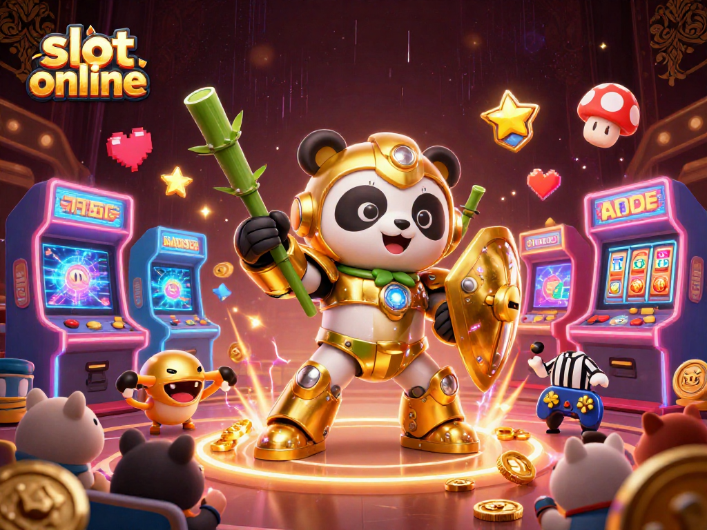 Permainan slot online yang seru dengan panda emas mengemudikan robot gaya bambu di arena kasino.