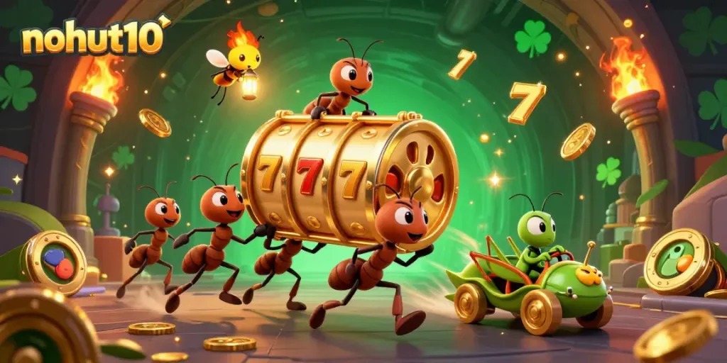 Experience nohut10's vibrant gambling adventure with giant slot reels and animated characters.
