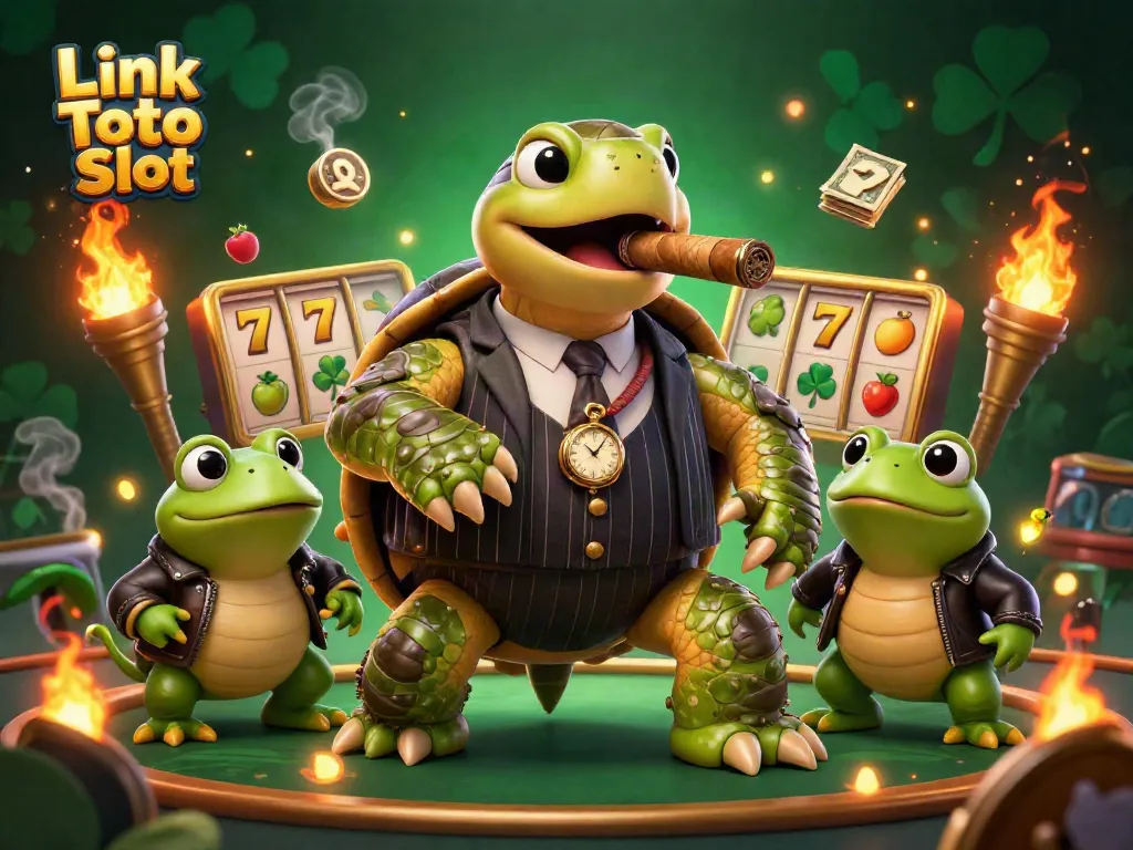 Gambarkan suasana menarik di Link Toto Slot dengan kura-kura pemimpin dan pengawalnya di kasino.