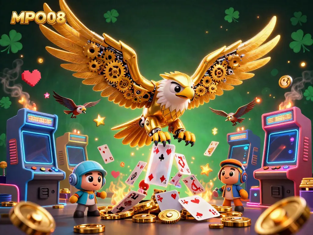 Engage in thrilling MPO08 action with a cybernetic eagle soaring through holographic cards