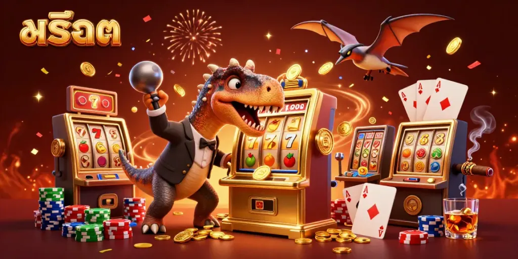 Cinematic slot-themed scene with a pachycephalosaurus interacting with a slot machine, showcasing สล็อต elements