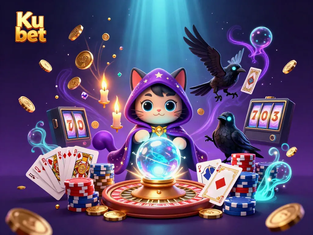 Experience the magic of Ku bet with a vibrant 3D casino scene featuring mystical characters and casino elements.