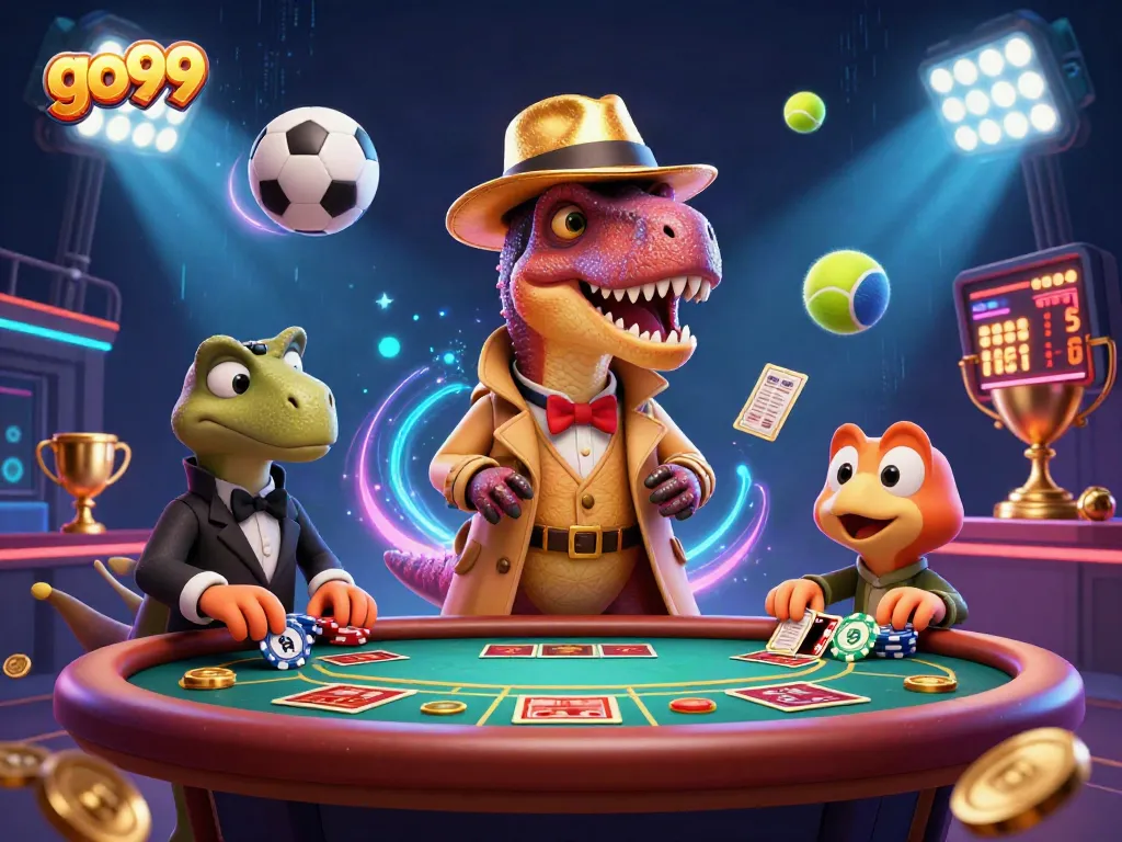 Experience exciting gameplay at go99 with a cartoon dinosaur at a blackjack table and thrilling game elements.