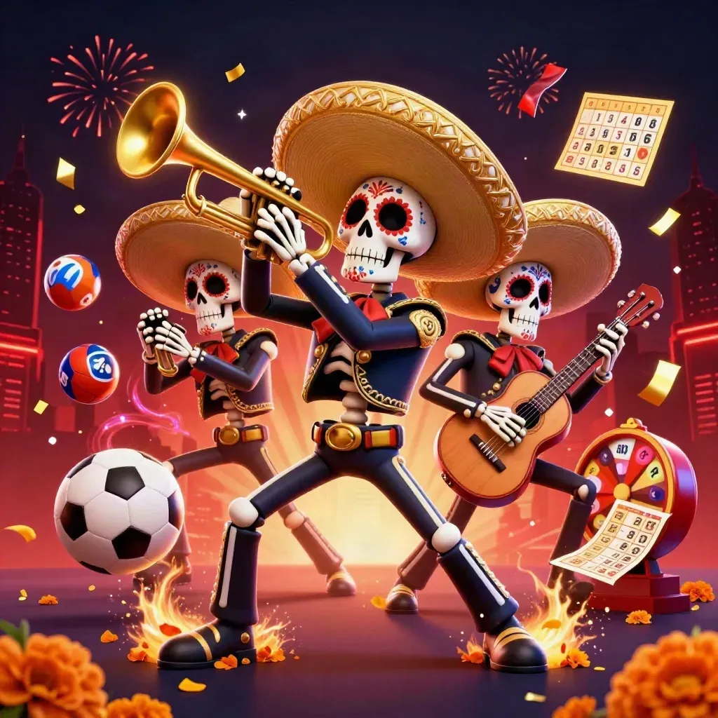 Mariachi skeleton trio with casino props, flying balls, confetti, neon skyline