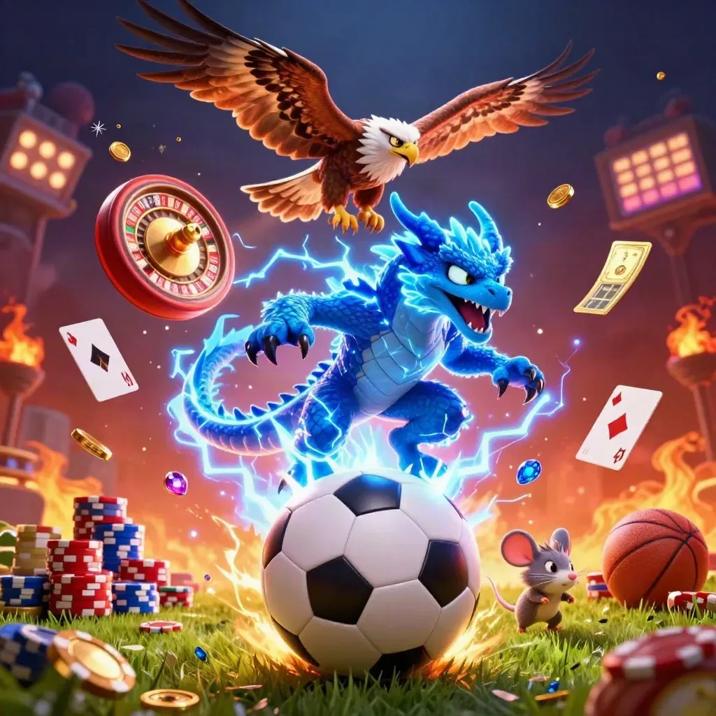 Thunder dragon, wind hawk, and static mouse amid casino icons and a soccer ball blast.