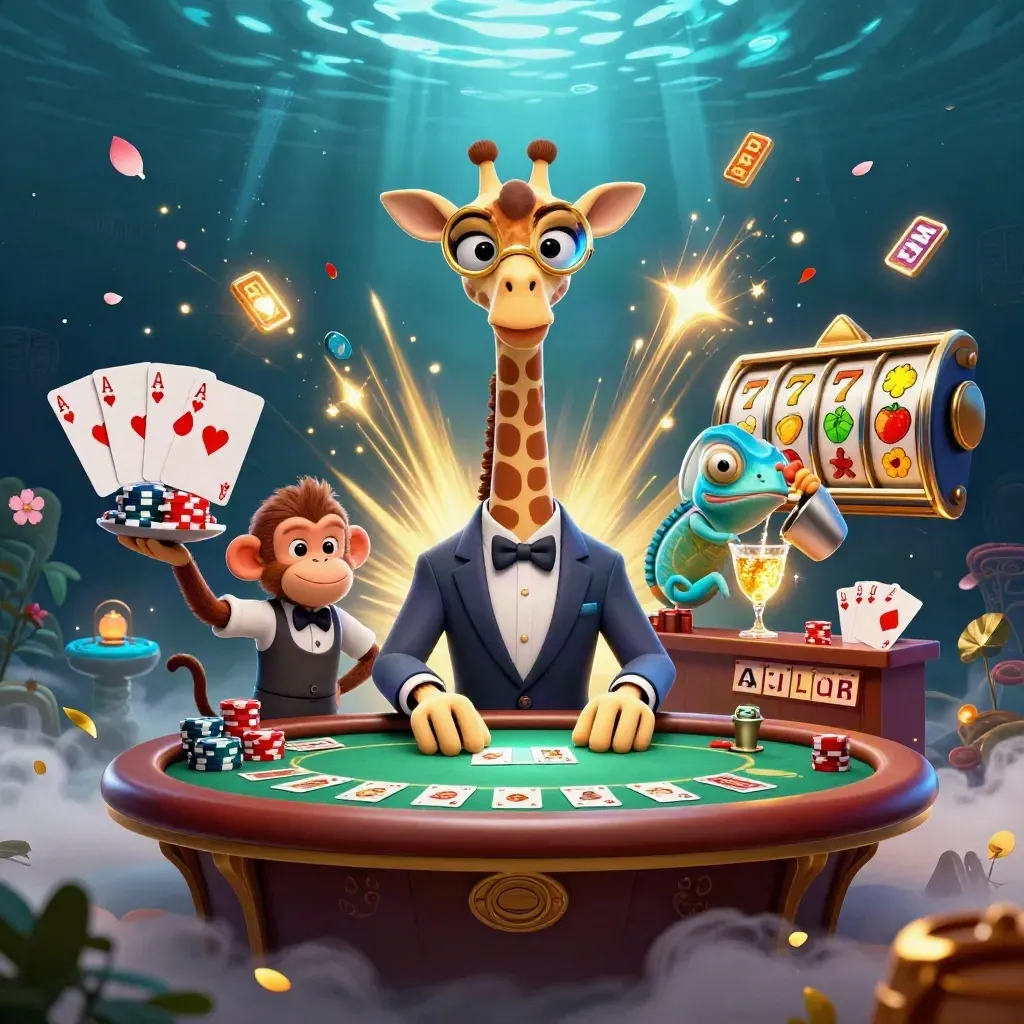 Suit-wearing giraffe, monkey valet, and chameleon bartender in a neon casino poker scene.