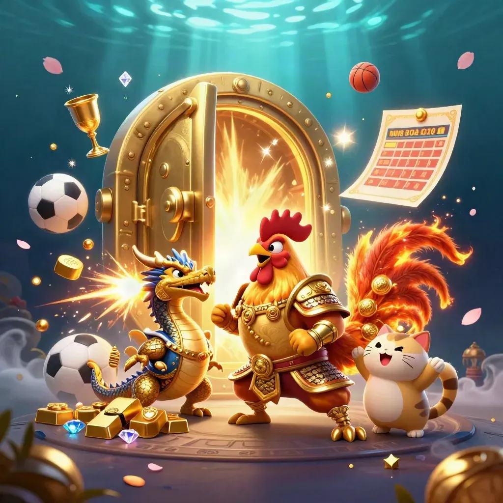 Rooster warrior, dragon hatchling, and fortune cat amid gold, sparks, and vault light.