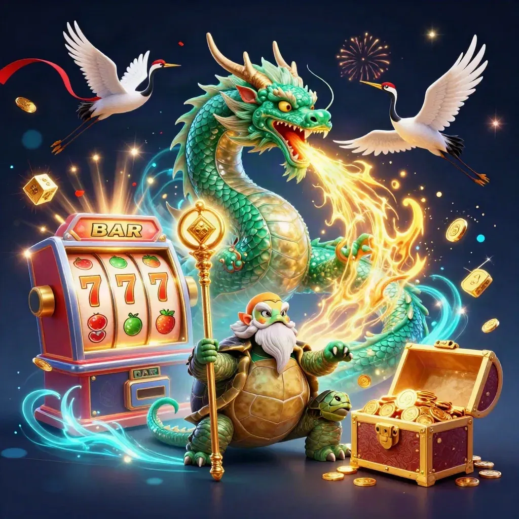 Emerald dragon, turtle sage, and cranes amid a jackpot explosion and glowing casino magic.