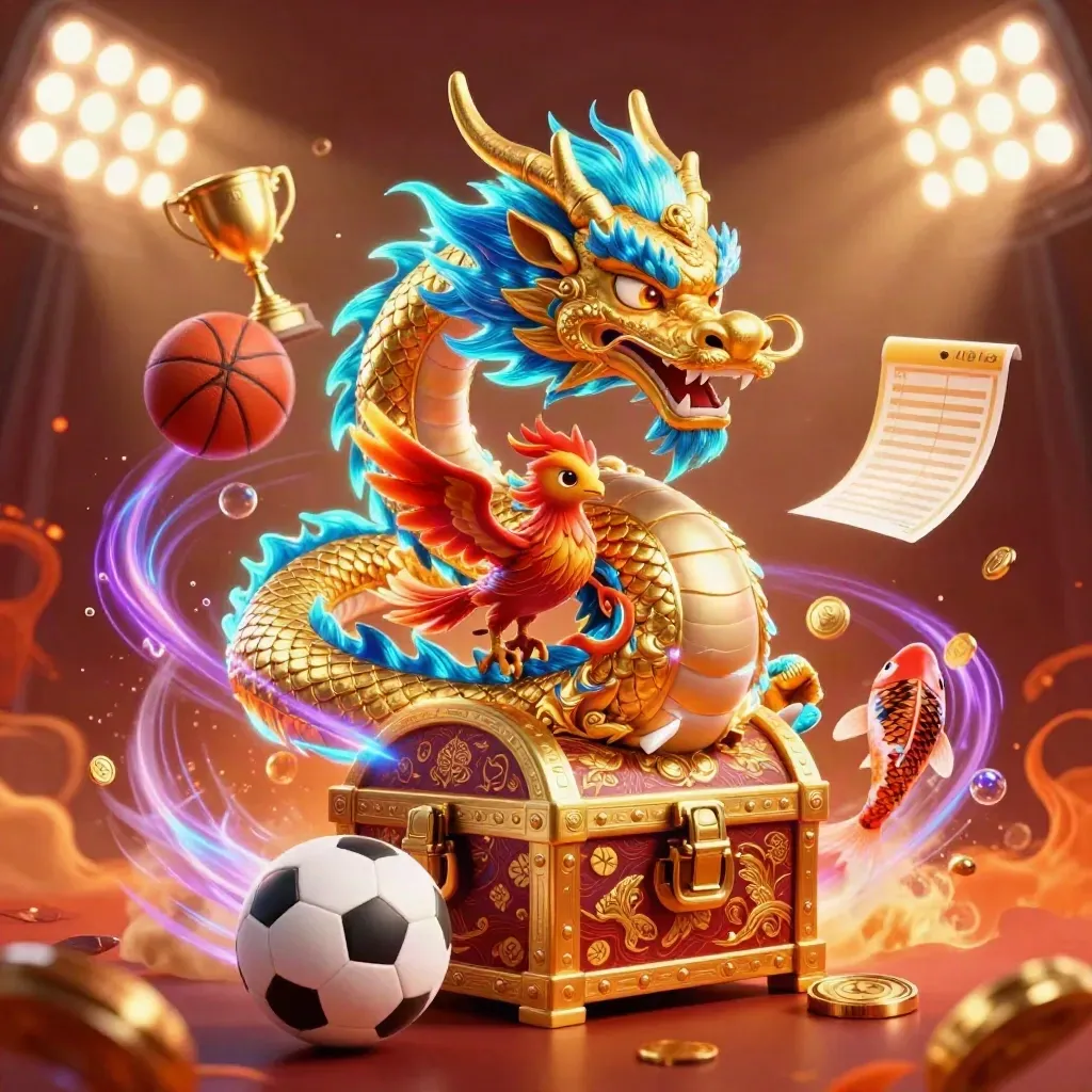 Golden dragon with phoenix and koi, sports balls, trophy, and neon casino lights
