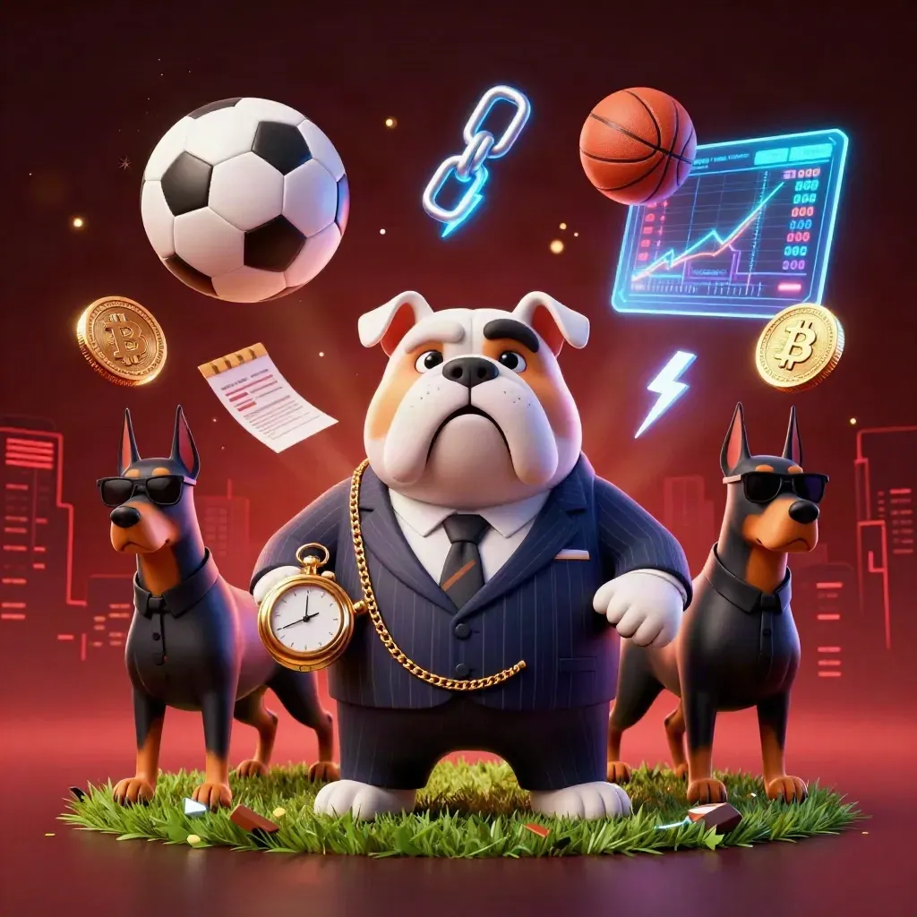 Mafia bulldog and Dobermans amid neon sports-bet chaos, flying balls, coins, and red light