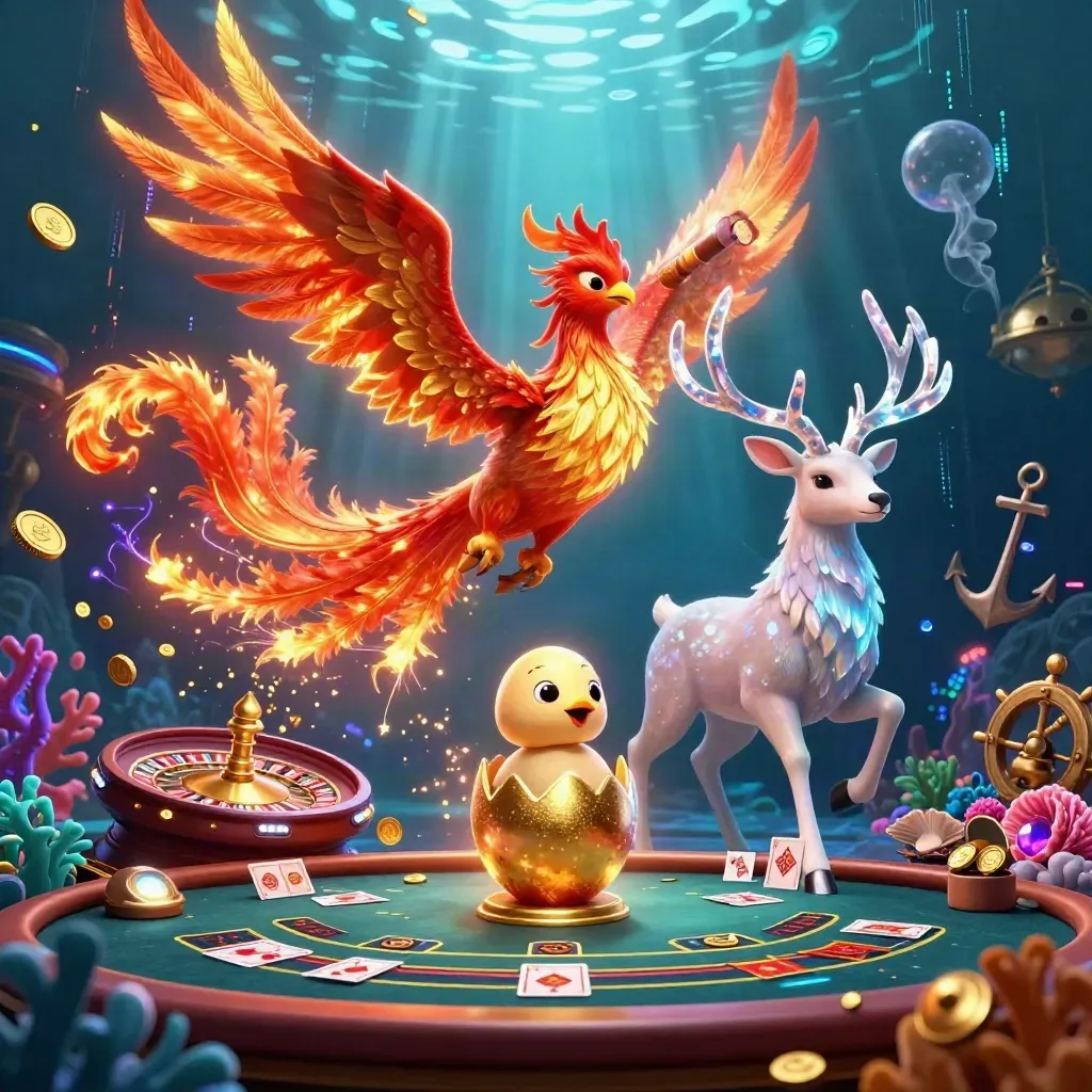 Phoenix, baby phoenix, and crystal stag over a neon underwater casino treasure scene.