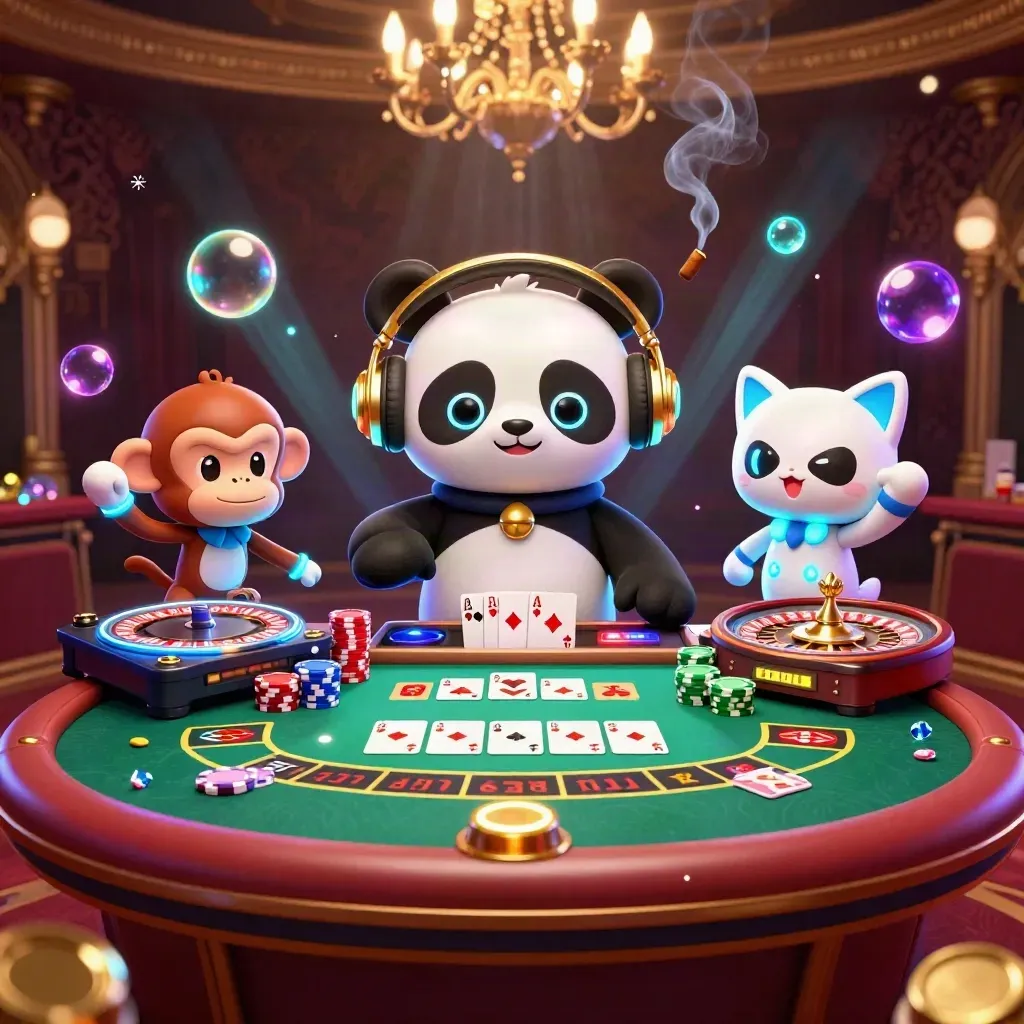 Neon casino scene with a panda DJ, dancing monkey, and glow-stick kitten amid cards, chips, and gold glow.