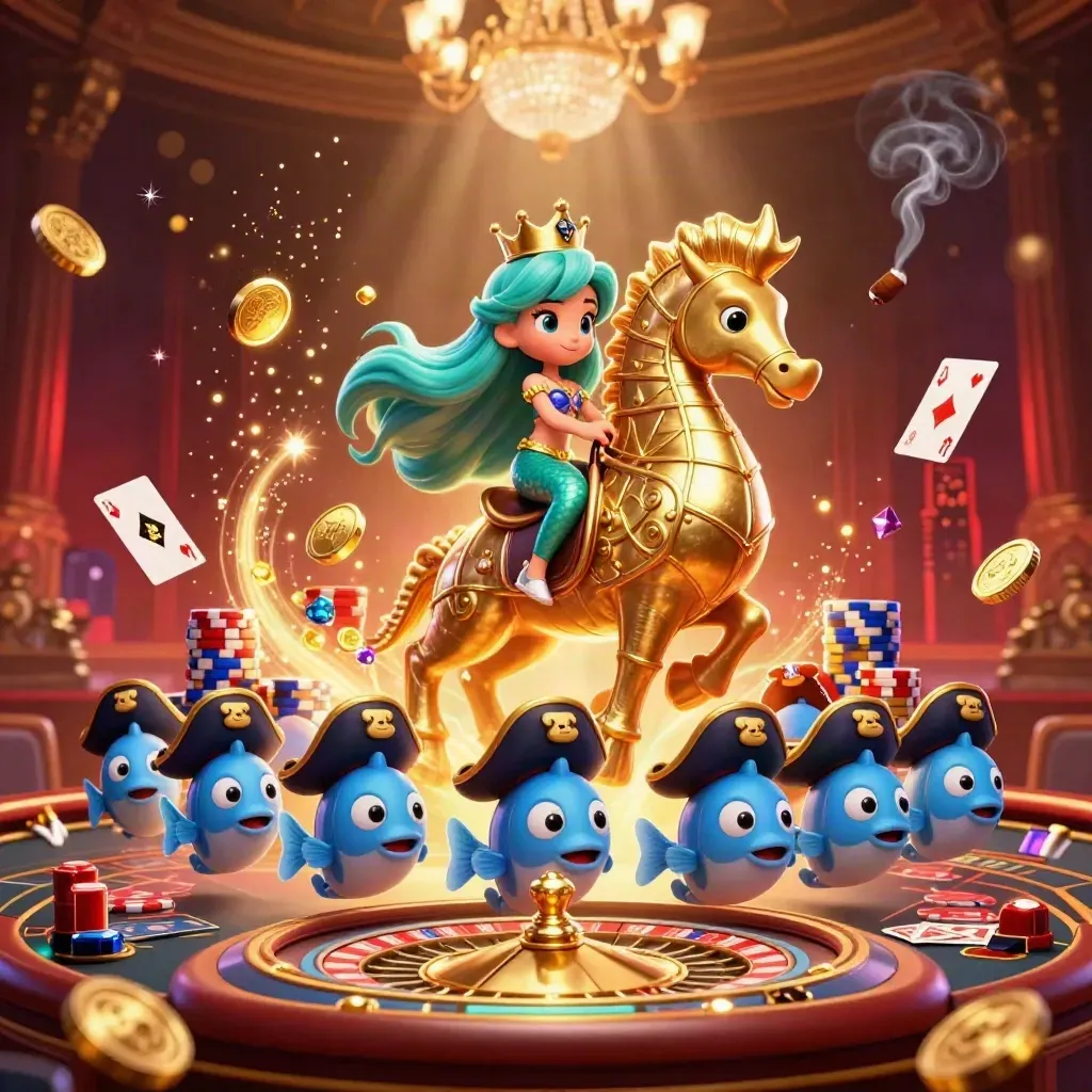 Mermaid princess on golden seahorse with casino elements in a neon-lit high-stakes room.