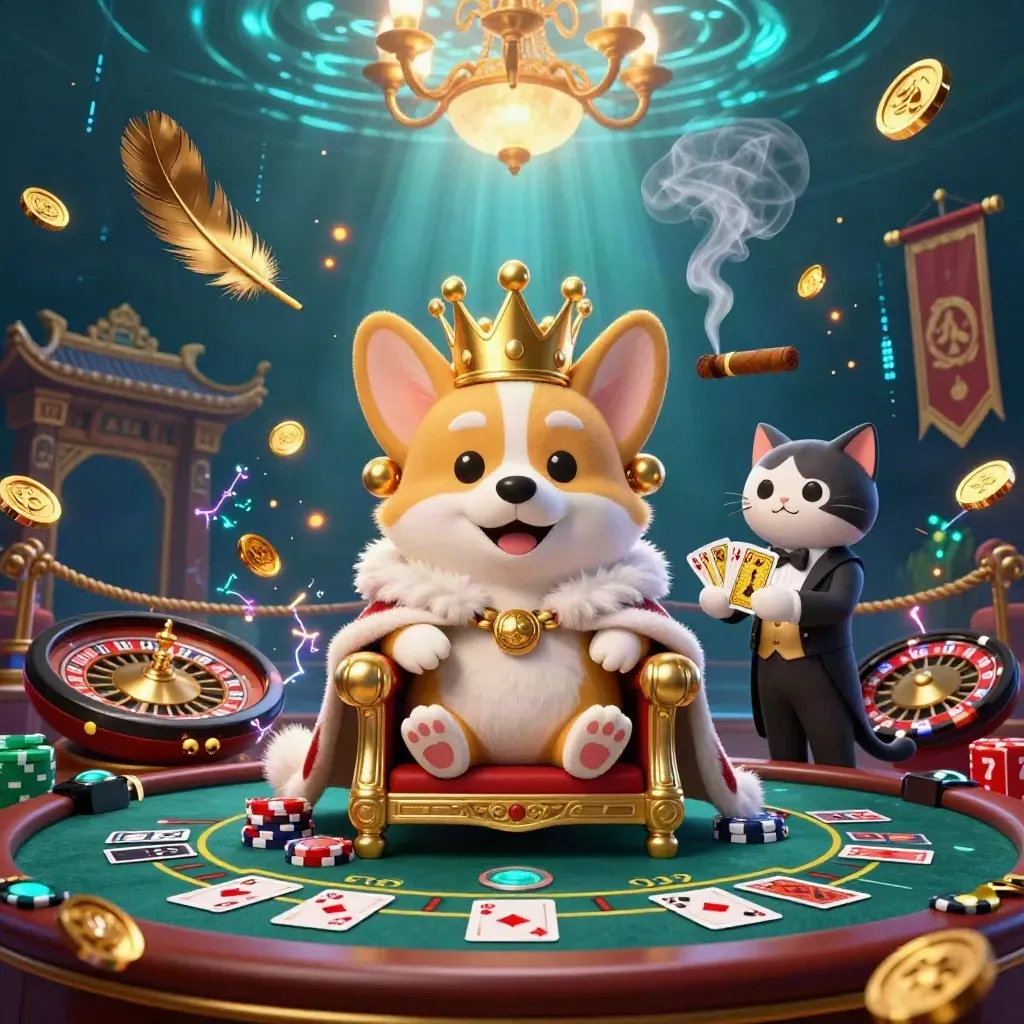 Royal corgi and cat butler in a neon casino with roulette, gold coins, and blue underwater glow