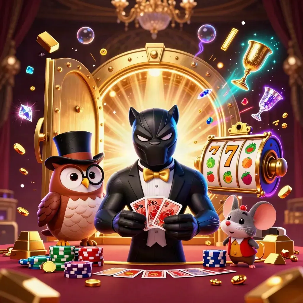 Panther, owl, and mouse amid open vault, gold, gems, and casino glow