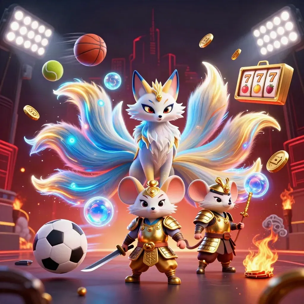 Nine-tailed fox spirit and golden samurai mouse amid casino sports loot and neon sparks.