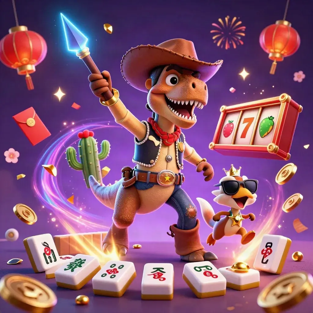 Cowboy T-Rex, cactus pal, and roadrunner amid neon casino treasure bursts and fireworks.