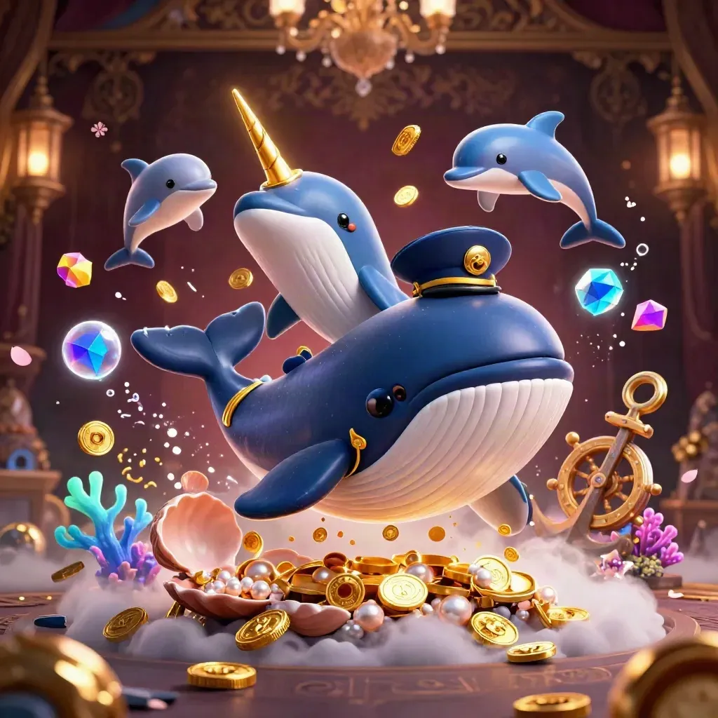 Whale captain, narwhal and dolphins burst through coins in a neon underwater treasure cove.