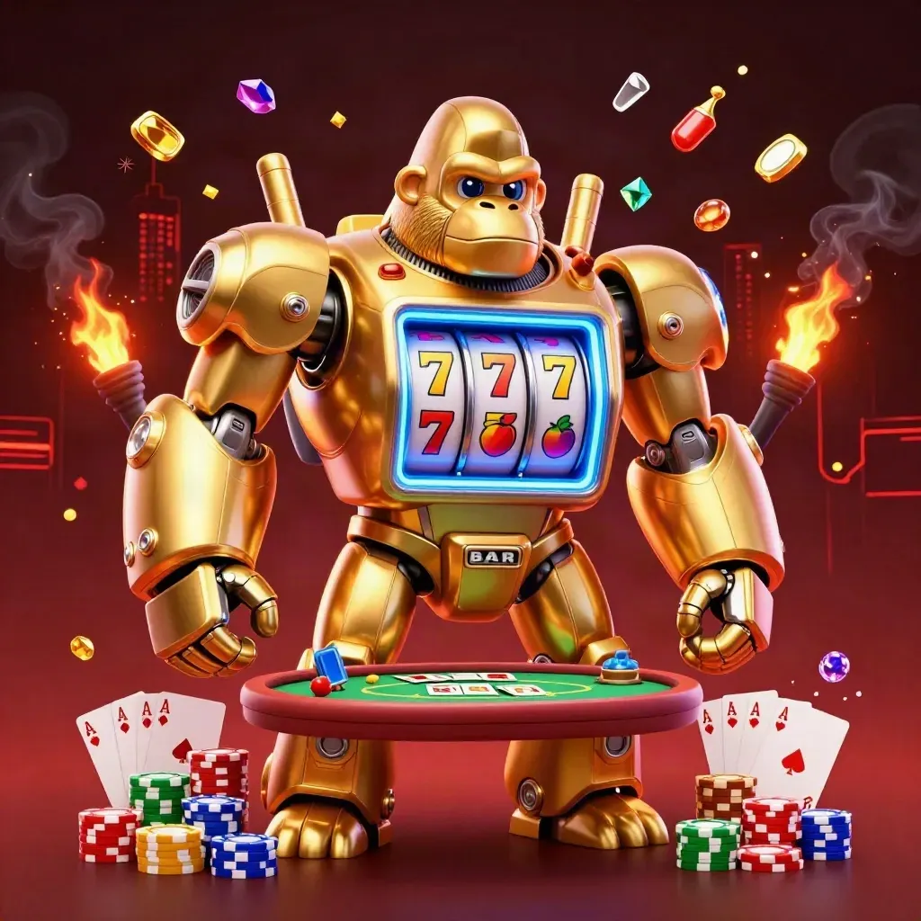 Golden gorilla mech with tiny monkey pilot, poker and slot elements bursting in neon casino light