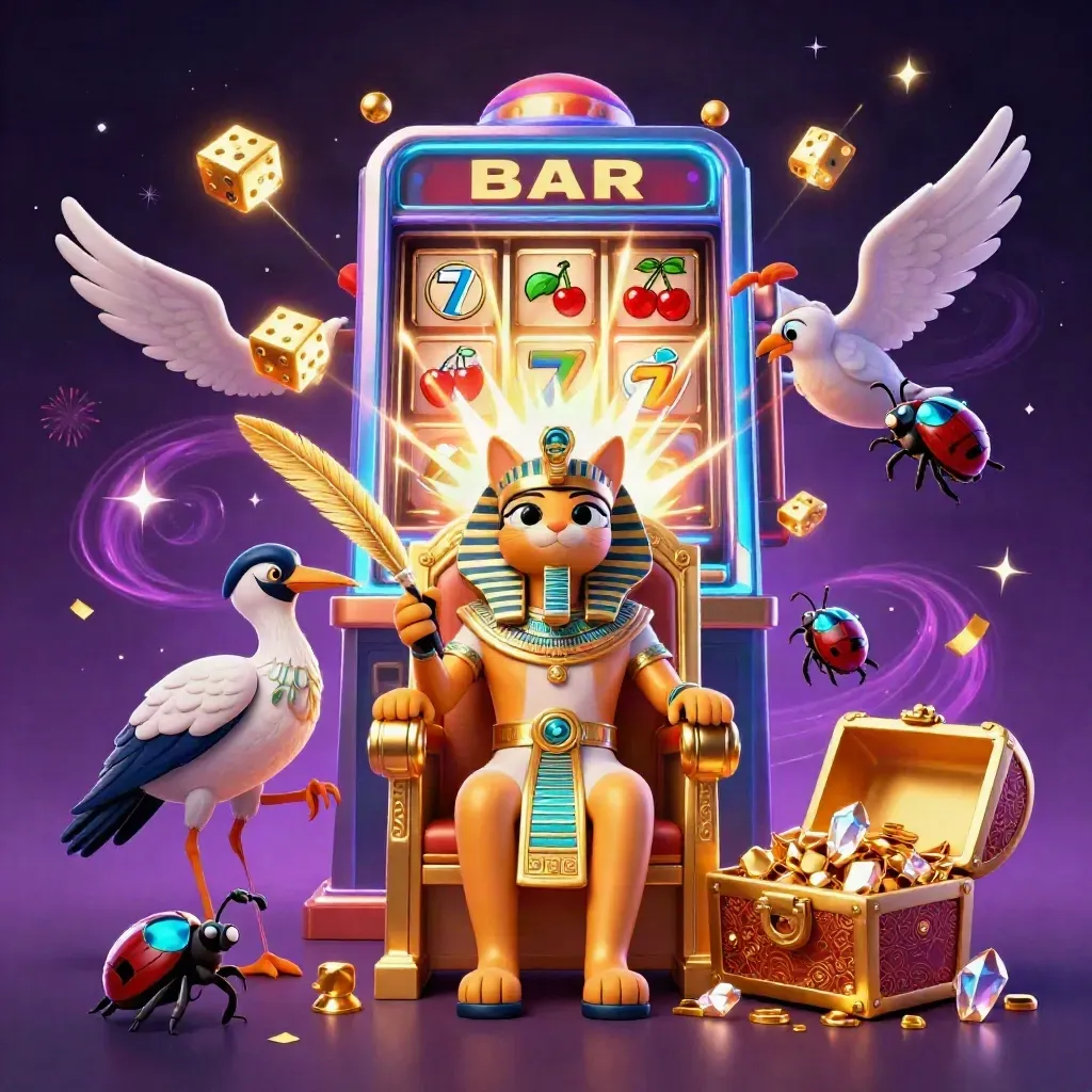 Pharaoh cat, ibis scribe, and gem-wing scarabs amid bursting gold, dice, and jackpot magic.