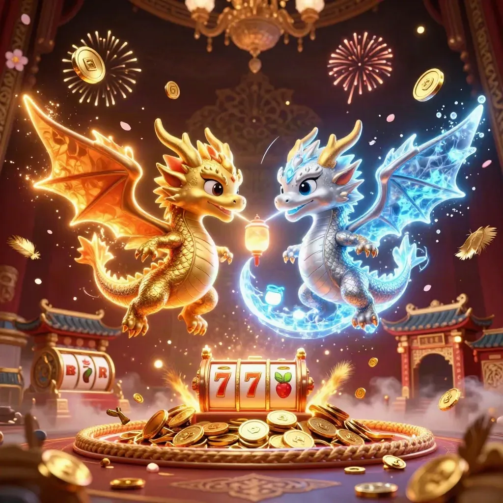 Gold and silver dragons swirl through a lantern-lit casino fantasy with coins, reels, and fireworks.