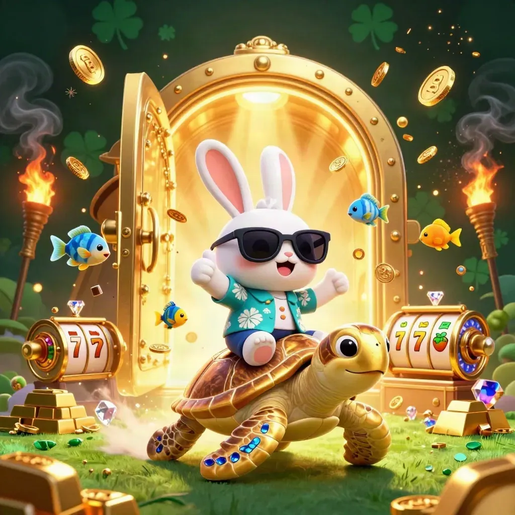 Lucky rabbit rides a gold turtle as a vault bursts with coins, gems, reels, and fireworks.