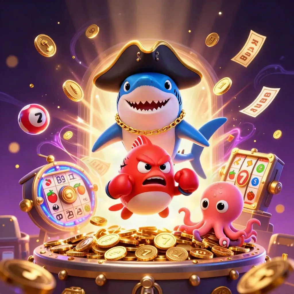 Shark pirate, boxing pufferfish, and coin-juggling octopus amid casino treasure burst.