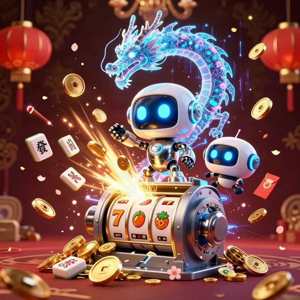 Robot mascot, holographic dragon, and coin drone amid vault burst, gold coins, fireworks, and casino symbols.