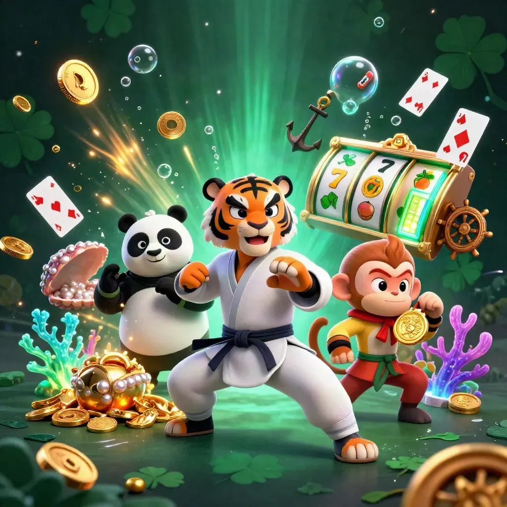 Kung-fu tiger, panda, and monkey amid bursting coins, coral glow, slot reels, and treasure fireworks.