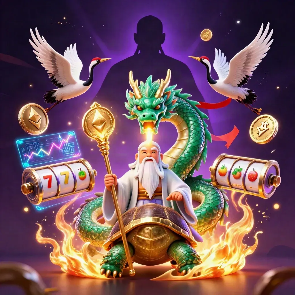 Jade dragon, turtle sage, and cranes amid gold fire and neon casino effects