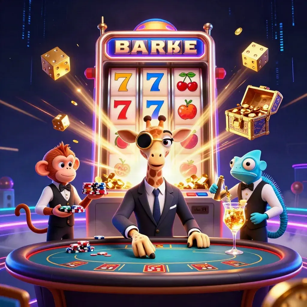 3D giraffe, monkey valet, and chameleon bartender around a bursting slot machine