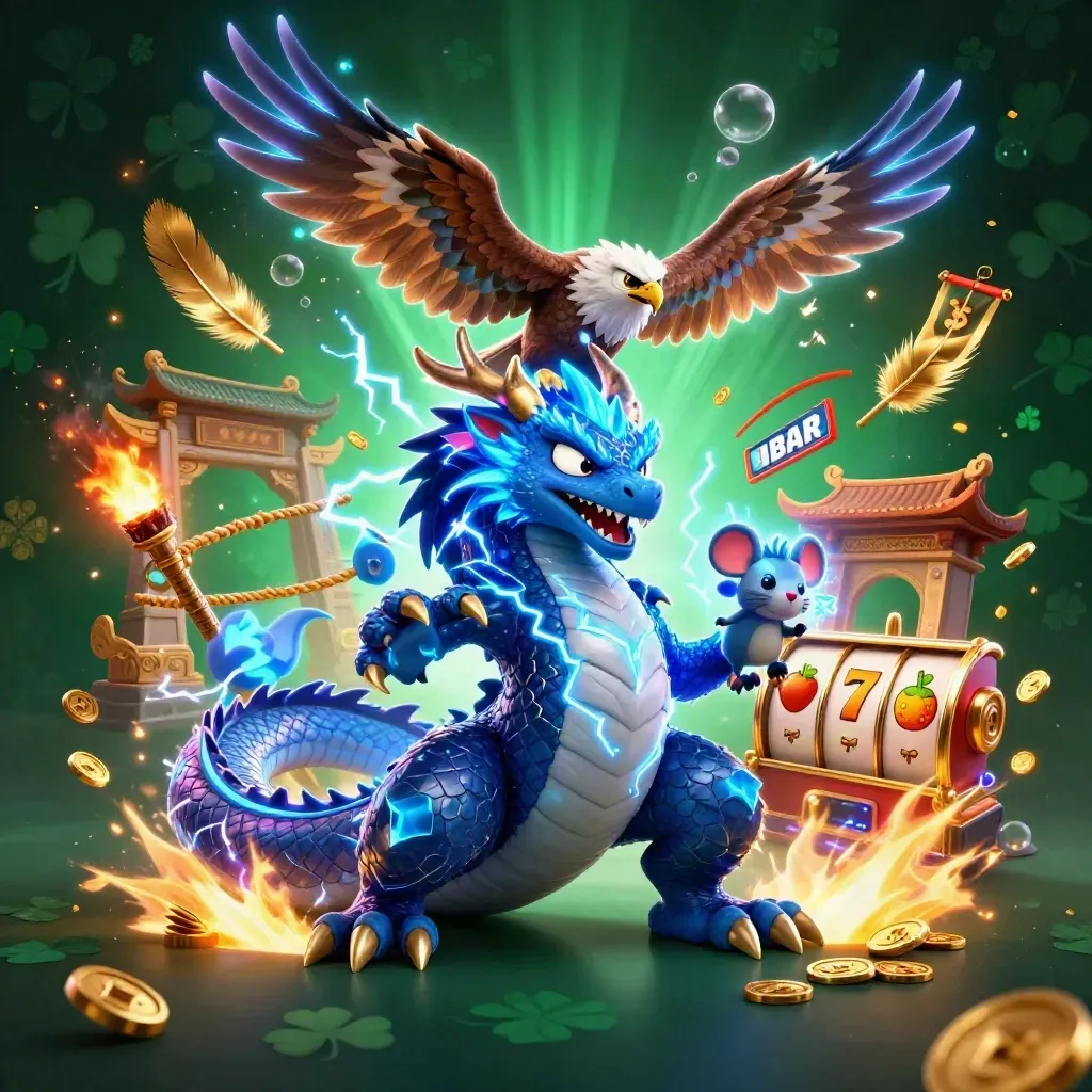 Thunder dragon, hawk, and mouse amid casino talismans and lightning on a dark emerald backdrop.