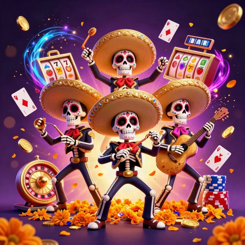 Three Day-of-the-Dead mariachi skeletons amid coins, cards, chips and a spinning roulette wheel.