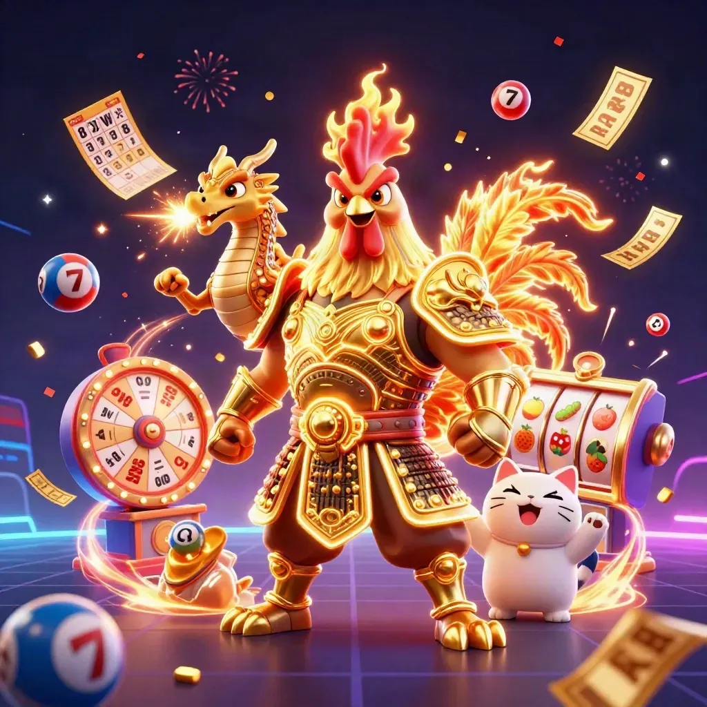Rooster warrior, dragon hatchling, and fortune-cat amid casino symbols and neon sparks