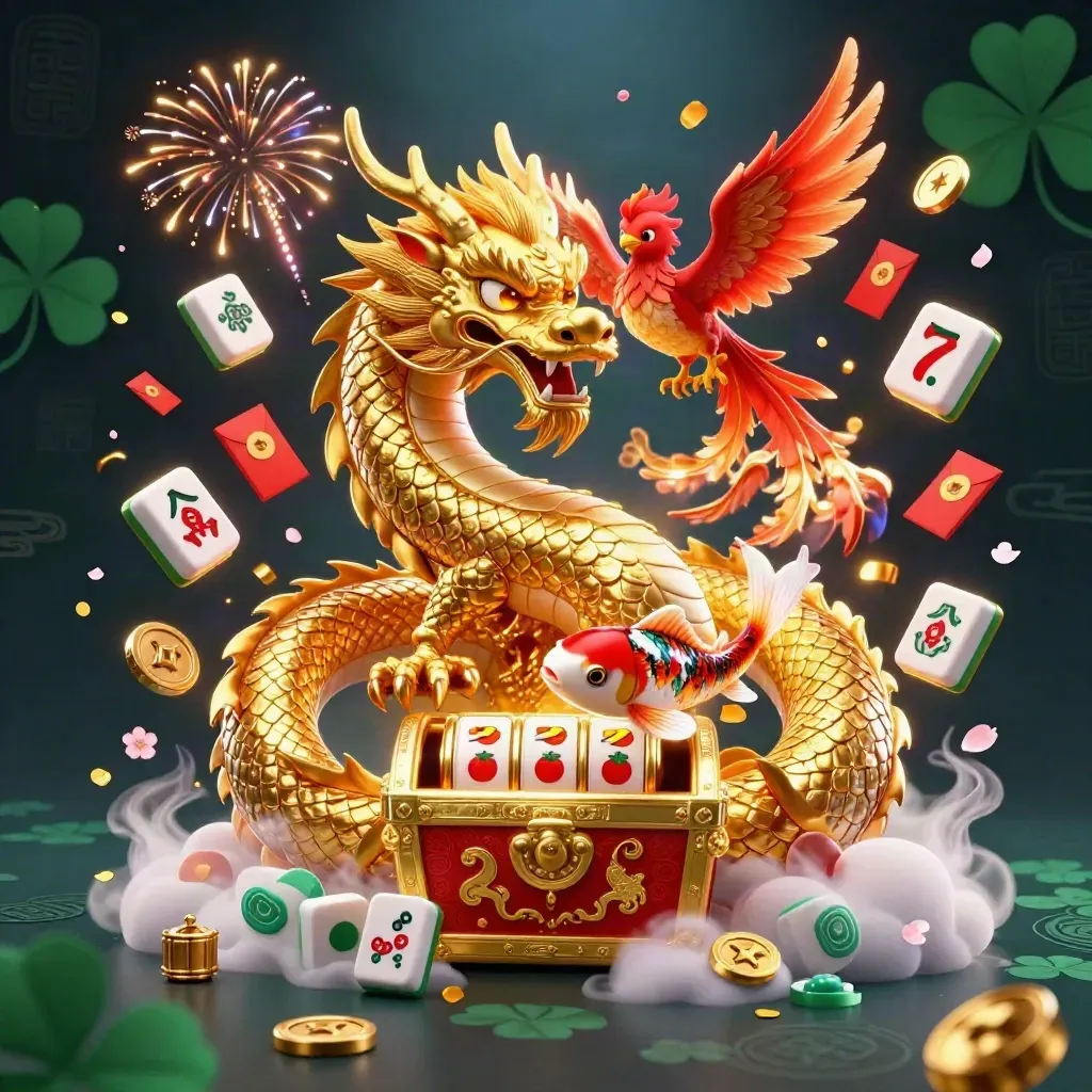 Golden dragon, phoenix, and koi amid casino symbols on a dark neon background.