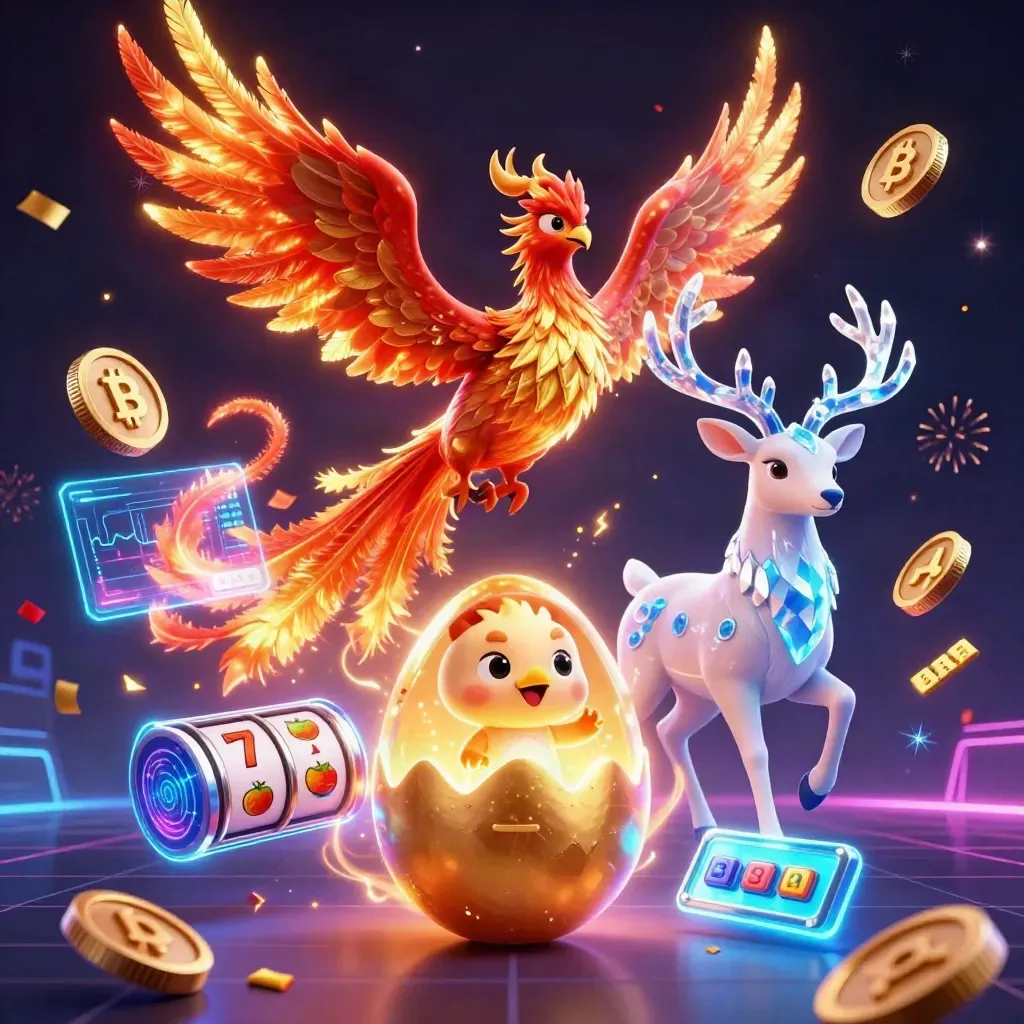 Fire phoenix, baby phoenix, and crystal stag amid neon coins, sparks, and slot symbols.