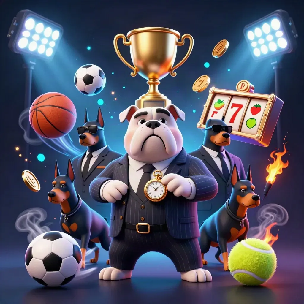 Mobster bulldog and Dobermans amid neon casino bursts, trophy, coins, and slot reels