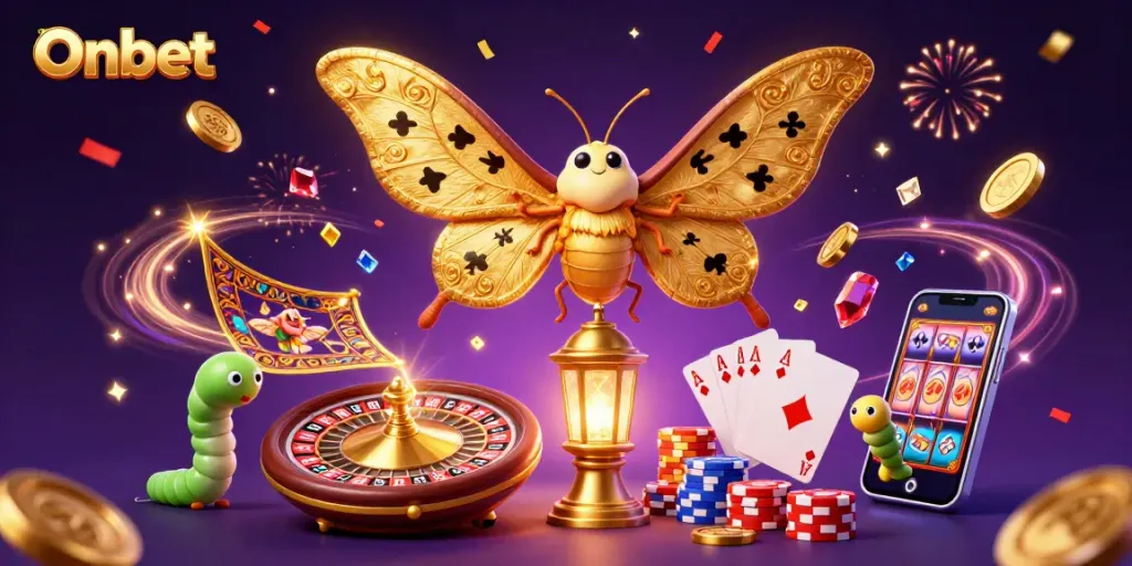 Engage with Onbet's vibrant casino scene featuring a dazzling atlas moth and gold-themed elements.